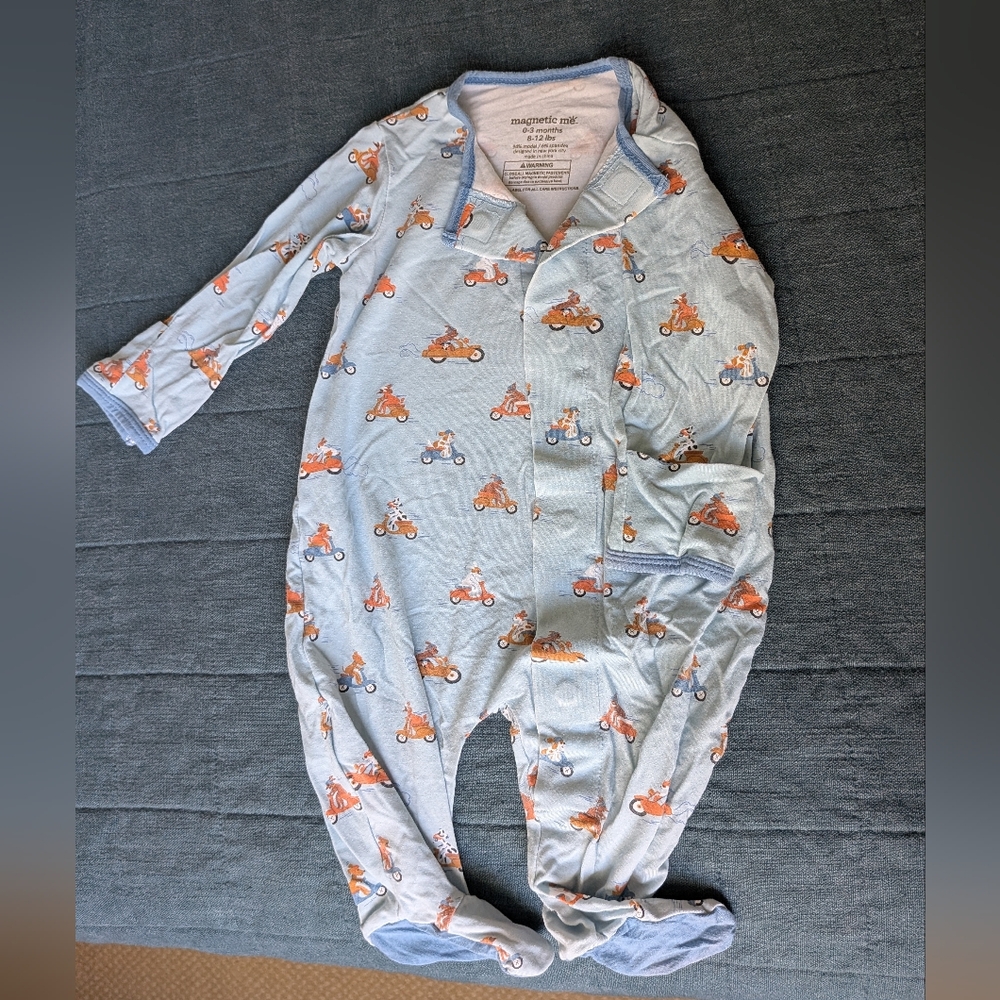 Magnetic Me Light Blue Pajama Footies with Orange Scooter Print
